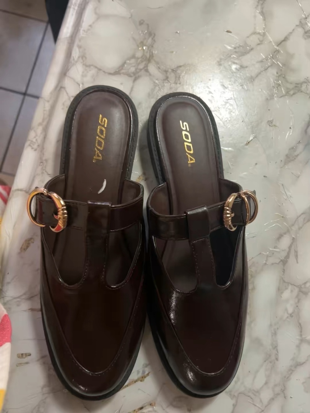 Soda Women’s Dark Brown Patent Leather Mule Clogs with Gold Buckle